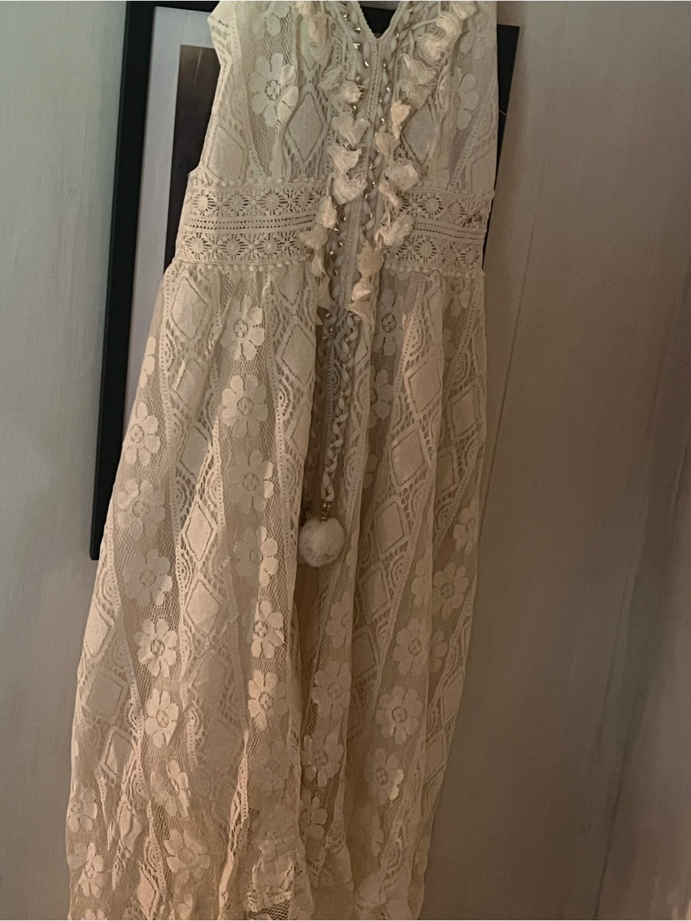 Lace Pom-Trim Dress in Cream